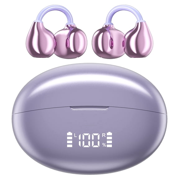 Cshidworld Open Ear Earbuds,Bluetooth 6.0 Wireless Headphones with Digital Display,Adaptive Noise Cancelling, IPX7 Waterproof with 70H Playtime,Light Weight,Clip On Earbuds for Running/Workout,Purple
