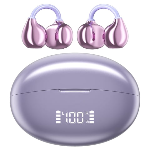 Cshidworld Open Ear Earbuds,Bluetooth 6.0 Wireless Headphones with Smart Display,Adaptive Noise Cancelling Calls,50H Playtime,Light Weight,Clip On Earbuds for Running/Workout,Purple