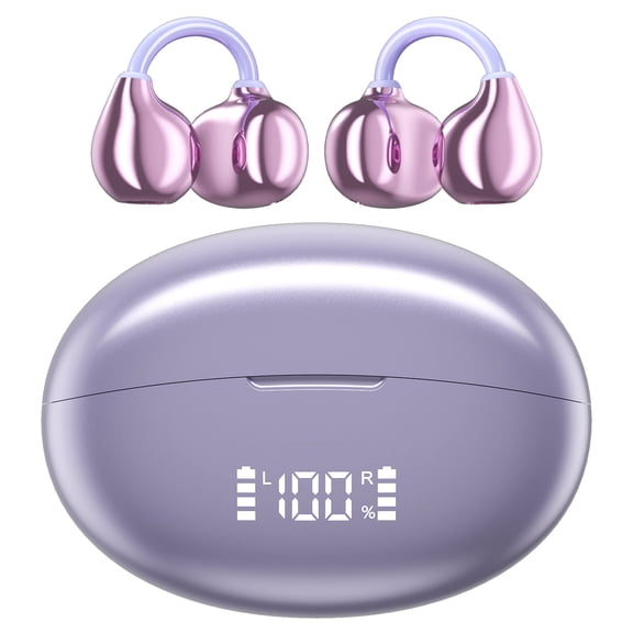 Cshidworld Open Ear Earbuds,Bluetooth 6.0 Wireless Headphones with Smart Display,Adaptive Noise Cancelling Calls,50H Playtime,Light Weight,Clip On Earbuds for Running/Workout,Purple