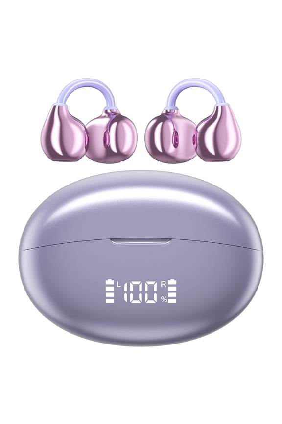 Open Ear Earbuds,Bluetooth 6.0 Wireless Headphones with Smart Display,Adaptive Noise Cancelling Calls,50H Playtime,Light Weight,Clip On Earbuds for Running/Workout,Purple