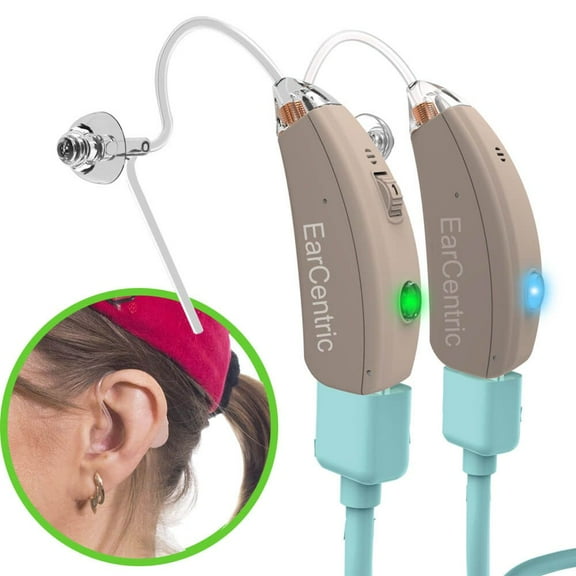 EarCentric EasyCharge-Pro Programmable Rechargeable Hearing Amplifier Aid | FDA approved Behind-the-Ear hearing aid assist personal amplifier nano size - Left Ear - Beige
