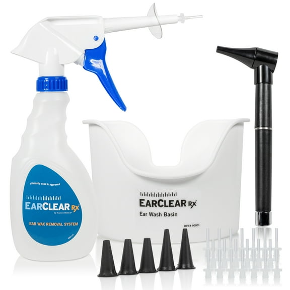 EarClear Rx Ear Wash Kit with Rigid Tip with Otoscope, Basin, and 20 Tips