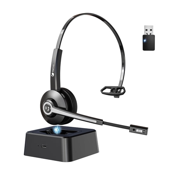 Earbay Trucker Bluetooth Headset, Wireless Headphones with Microphone Mute & USB Dongle, Wireless Headset with Mic for Work Noise Canceling & Charing Base for Work/PC Computer/Phones/Office/Meeting
