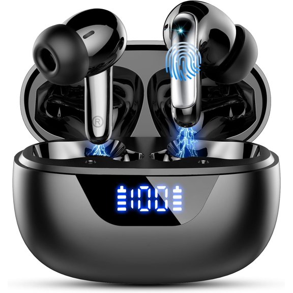 Earbuds, 5.3 Headphones Bass Stereo, 48Hours Playtime, 4 ENC Mic Clear Calls, Noise Cancelling Ear Buds with LED Display Case,IPX7 Earphone for Android iOS Black