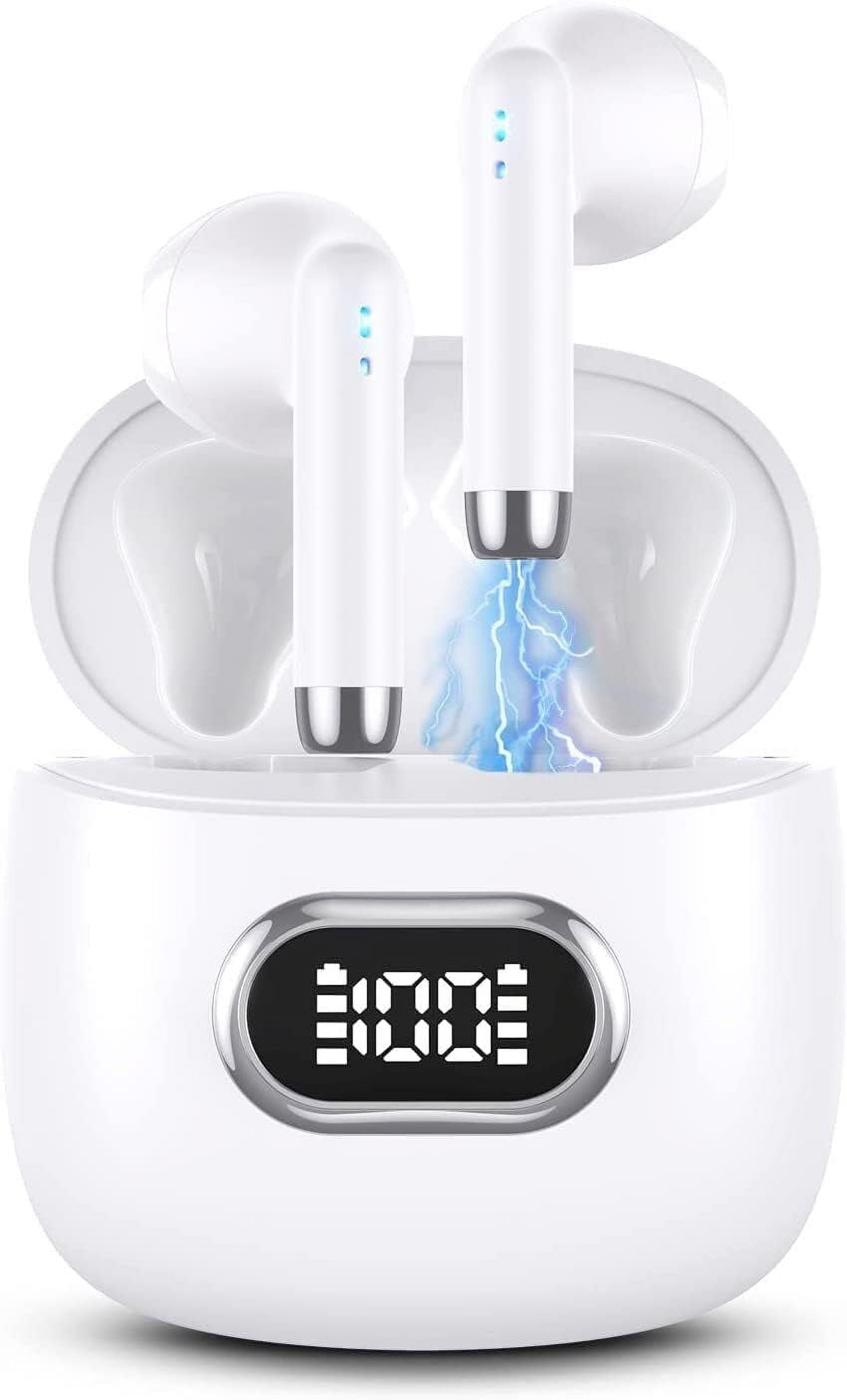 Earbuds for Google Pixel 8a - Bluetooth 5.3 LED Display Headphones Bass Stereo, in-Ear Noise Cancelling Mic, 40H Playback Mini Case IP7 Waterproof Earphones - White