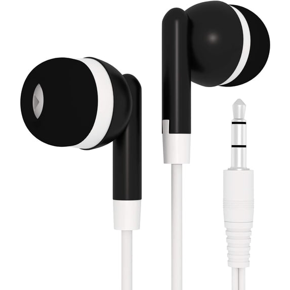 Earbuds Headphones 100 Pack Wholesale Bulk School / Library / Office Supplies Disposable Earphone Earbuds for Kids, Adults - Individually Bagged Gift - Black