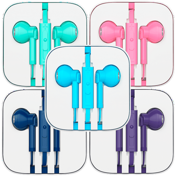 Earbuds Headphones for School, Library, Office - ReplePacksment Earphone Earbuds for Kids, Adults - Individually Packaged Gift - 5 Pack, Blue, Pink, Navy, Turquoise, Purple