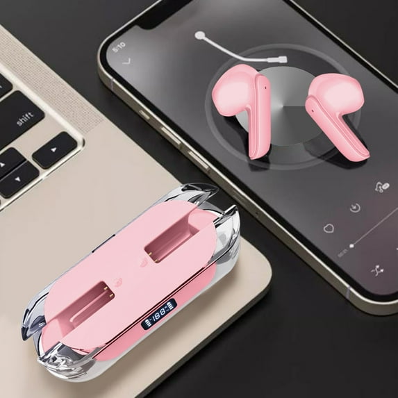 Earbuds for Kids, Hwkond Transparent Digital Display Wireless Bluetooth Earphones With Long-lasting Battery Life, In Ear Dual Stereo True Wireless Charging Compartment, Pink, Up to 60% Off