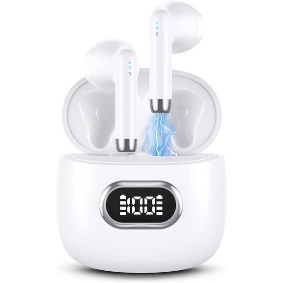 Earbuds for i-Phone SE (2022) - Bluetooth 5.3 LED Display Headphones Bass Stereo, in-Ear Noise Cancelling Mic, 40H Playback Mini Case IP7 Waterproof Earphones - White