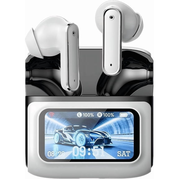 Earbuds, in-Ear 6.0 ANC Noise Cancelling, Screen Case, -in Mic, 24H Playtime, IPX5 for Commute Office - MS128 (White)