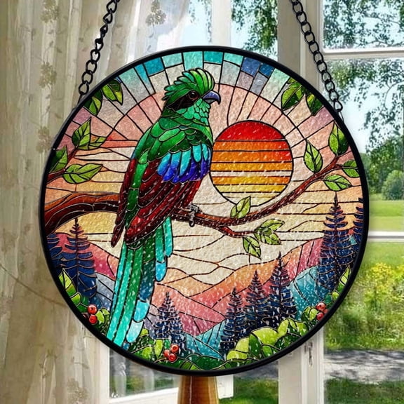 Eared-quetzal sunset GLASS Hanging, eared-quetzal Lover Decor, Bird Nerd, Home Decor, Forest sunset Suncatcher Decor, Kitchen decor, Stained Glass Ornament 2025, Holiday