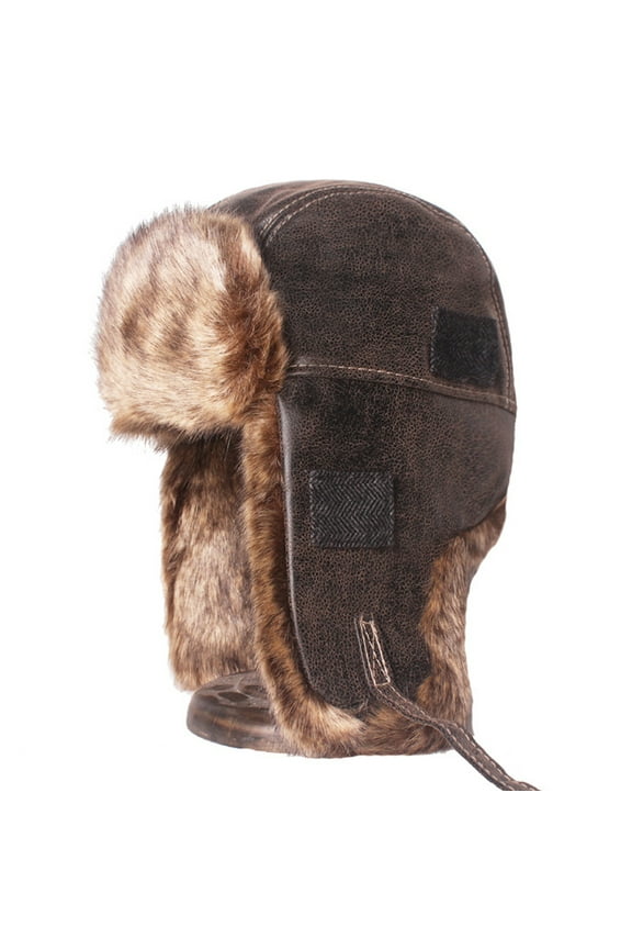 Earflap Hat Fuzzy Faux Fur Lining Adjustable Buckle Thickened Soft Russian Ears Fake Leather Winter Thermal Men Trapper Hunting Cap for Outdoor Black