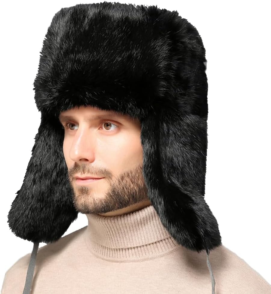 Earflap Trapper Hat for Winter Aviator Windproof Hat Ski Trooper Hat Cap Faux Rabbit Fur Cap for Men Women
