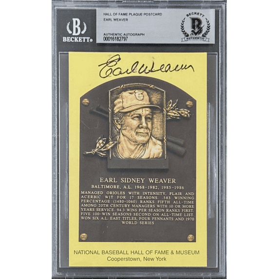 Earl Weaver Signed Autographed Hall of Fame Plaque Postcard Beckett 16182797