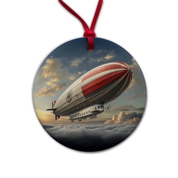 Early 1900's Dirigible Airship Blimp Christmas Tree Holiday Round Ceramic Ornament