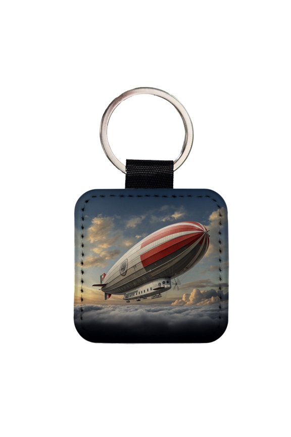 Early 1900's Dirigible Airship Blimp Faux Leather Square Keychain