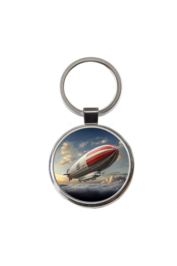 Early 1900's Dirigible Airship Blimp Metal Round Keychain