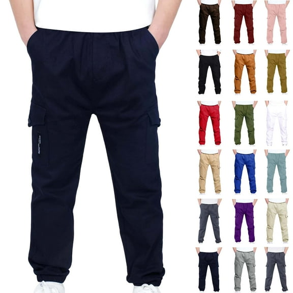 4-13Years Boys And Girls Childrens Sports Cargo Pants Stretch Elastic Waist School Kids Twill Joggers Navy 7 Years