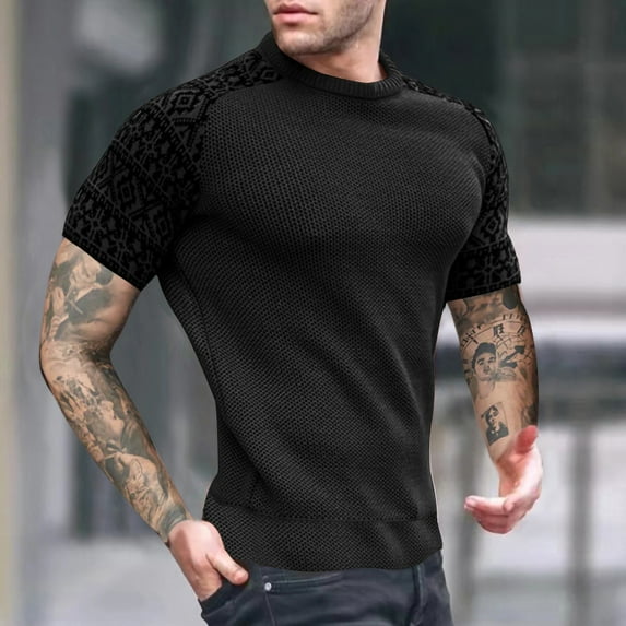 Early Access Deals Men's Fitness Suit Round Neck Pullover Color Blocked Top Short Sleeved Top Round Neck Top/shirt Set Black, M