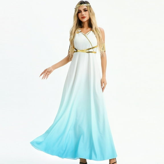 Ndbuld Long Sleeve Maxi Dress for Women Fashion Women Halloween Cosplay Princess Dress Vintage Style Witch Dress,Light Blue,XL