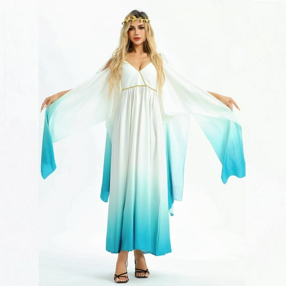 Ndbuld Long Sleeve Maxi Dress for Women Fashion Women Halloween Cosplay Princess Dress Vintage Style Witch Dress,Light Blue,XL