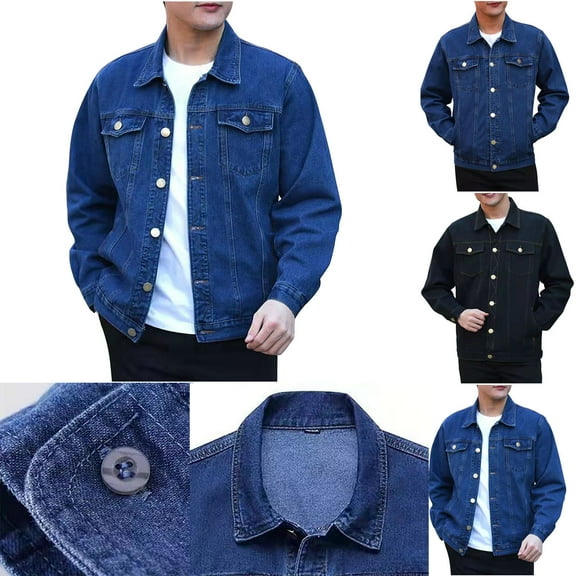 Ofreoo Men's Solid Color Denim Button Pocket Fashionable Long Sleeved Hooded Denim Jacket Jean Jacket Men