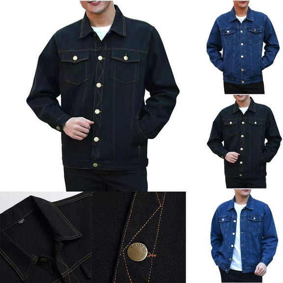 Ofreoo Men's Solid Color Denim Button Pocket Fashionable Long Sleeved Hooded Denim Jacket Jean Jacket Men