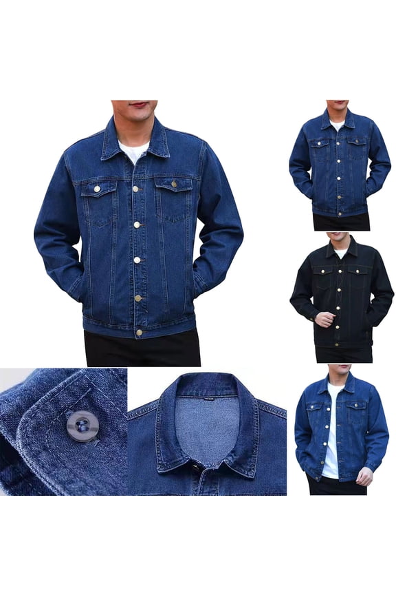 Men's Solid Color Denim Button Pocket Fashionable Long Sleeved Hooded Denim Jacket Jean Jacket Men
