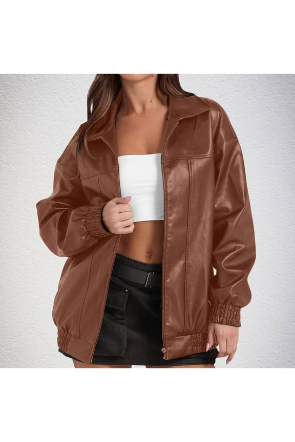 Women's Solid Flip Collar Fall And Winter Long Sleeve Fashion Leather Jacket Coat Tops Coat for Women
