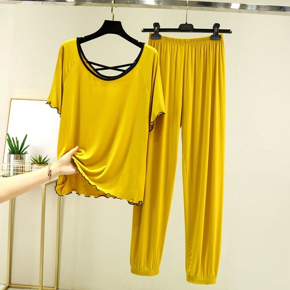 Pajama Set for Women 2 Piece Lounge Set Women Fashion Loose Flash Short Sleeve T-shirt High Waist Shorts Two-piece Home Casual Pajamas Suit Ndbuld Yellow 2XL