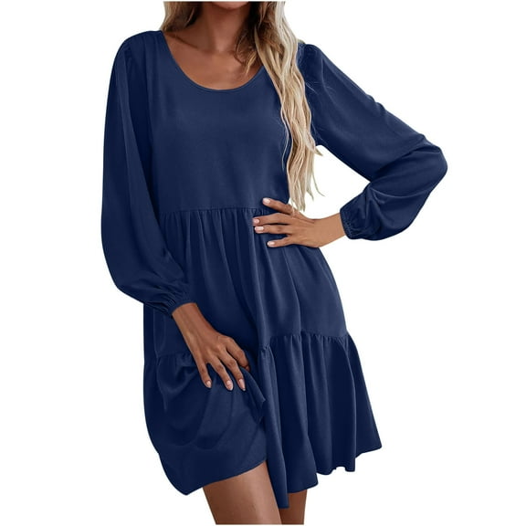 Women Long Sleeves Dresses Women's Casual Solid Color Round Neck Dress