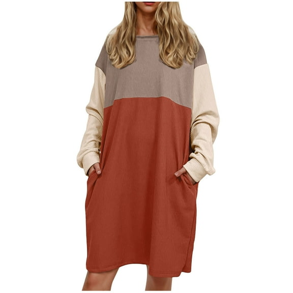 Women Long Sleeves Dresses Women's Solid Color Long Sleeve Neck Slim Slit Dress Long Sleeve Round-Neck Dress