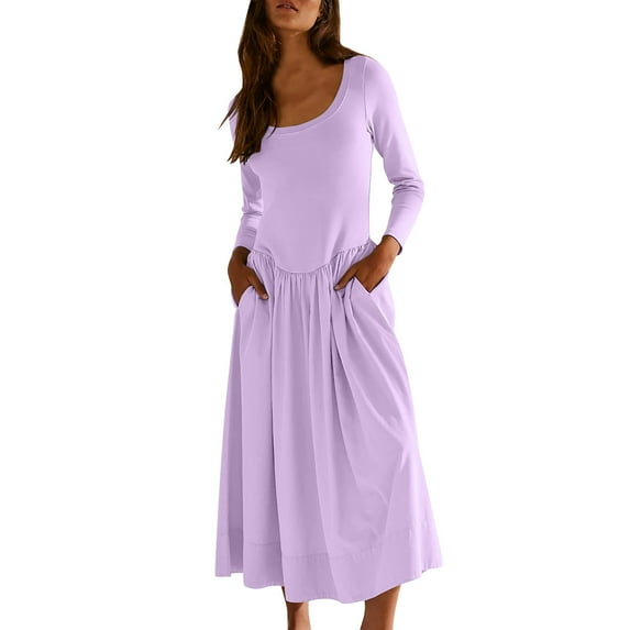 Early Access Deals Women's Loose Dresses Ladies' Casual Loose Solid Color Round Neck Long Dresslong Sleeved Round Neck And Ankle Dress Purple, S