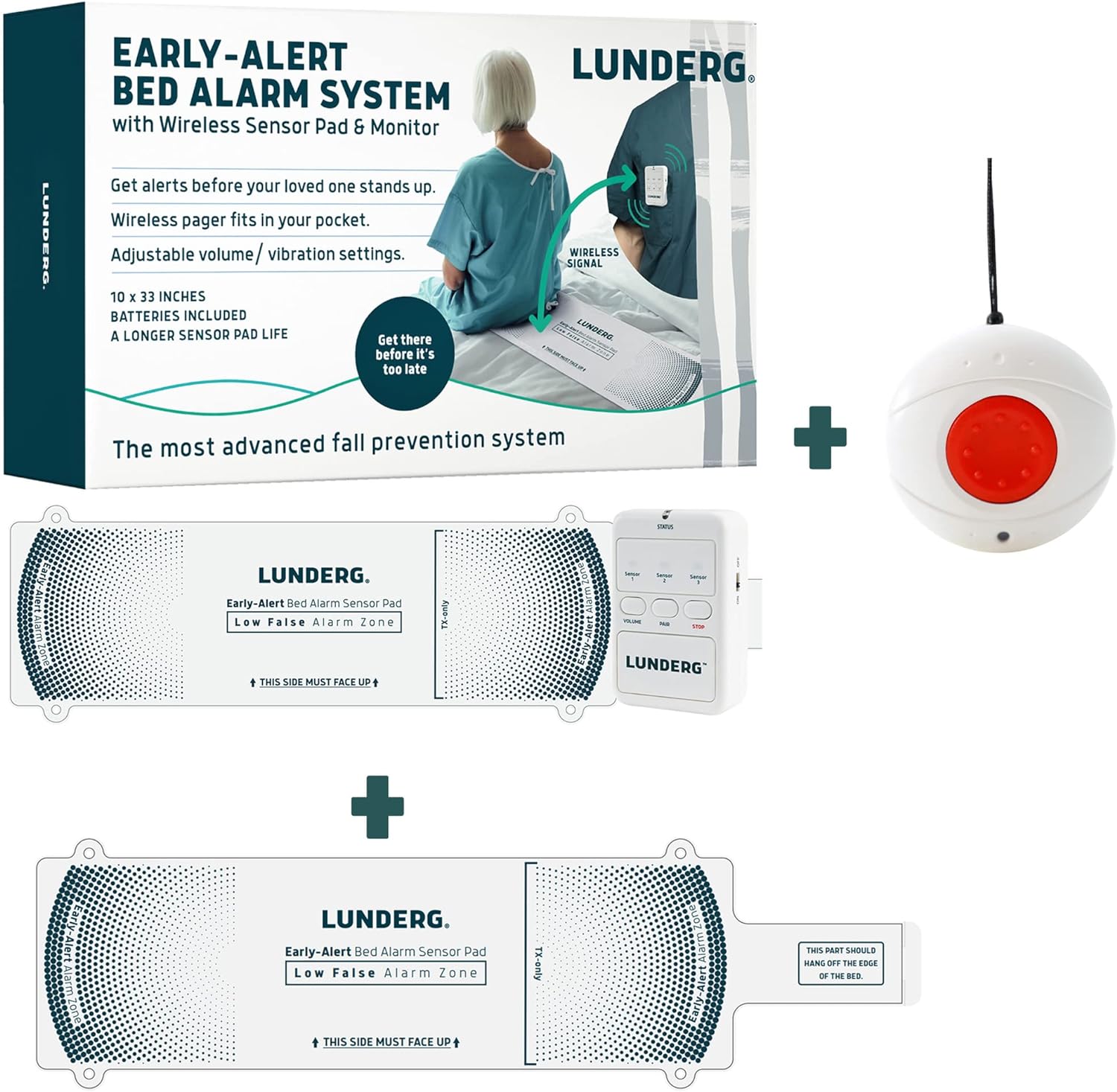 Early Alert Bed Alarm System With 2 Wireless Sensor Pads, 1 Pager & 1