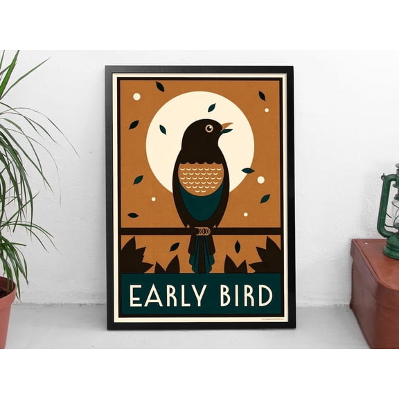 Early Bird Songbird Art Print Bedroom Poster Morning Wellness Print Blackbird Bird Watcher Print Wall Art Modern Wall Decor