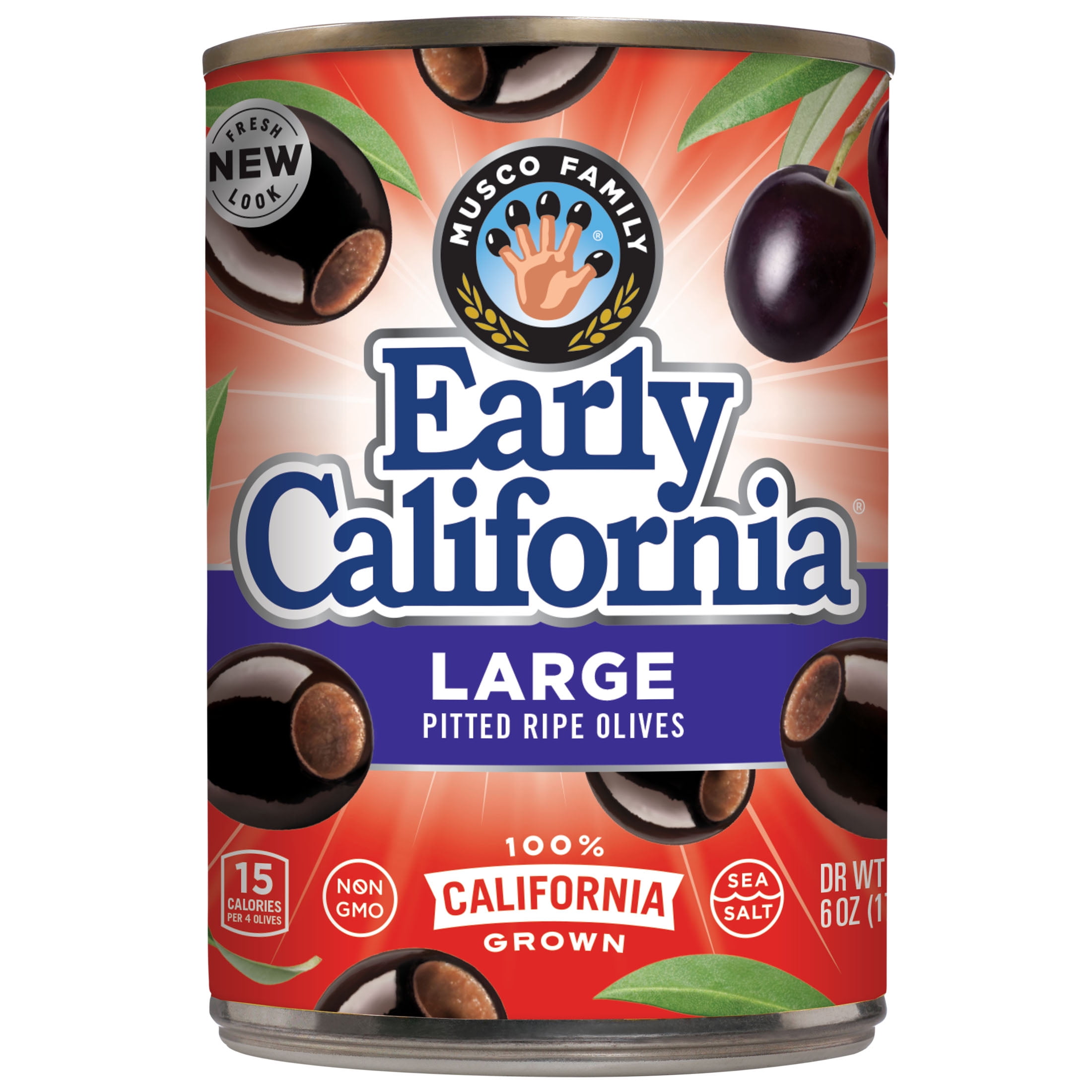 Early California Large Pitted California Ripe Olives 6 oz. Can. Major Allergens Not Contained.