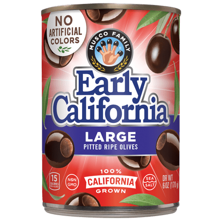 Early California Large Pitted Black Ripe Olives, 6 oz Can. No Artificial Colors. Major Allergens Not Contained