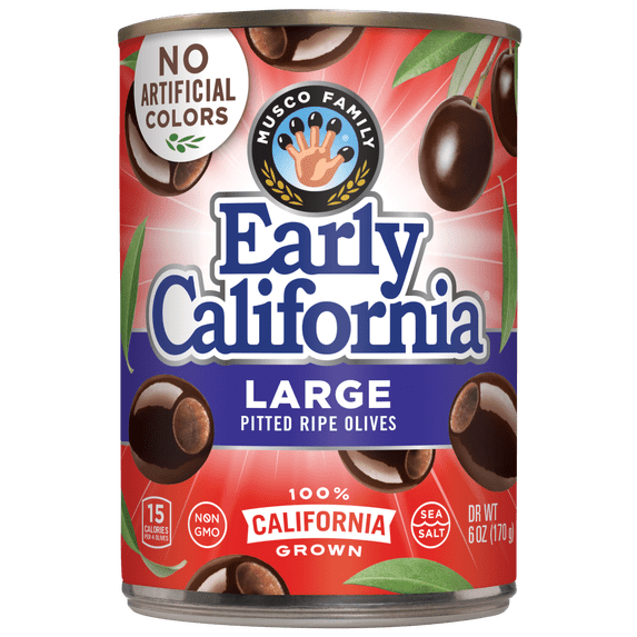 Early California Large Pitted Black Ripe Olives, 6 oz Can. No Artificial Colors. Major Allergens Not Contained
