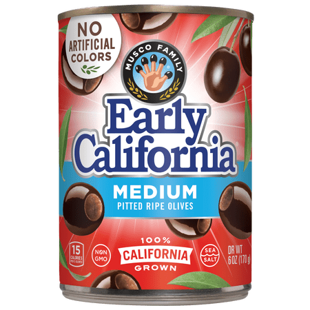 Early California Medium Pitted Black Ripe Olives, 6 oz. Can. No Artificial Colors. Major Allergens Not Contained.