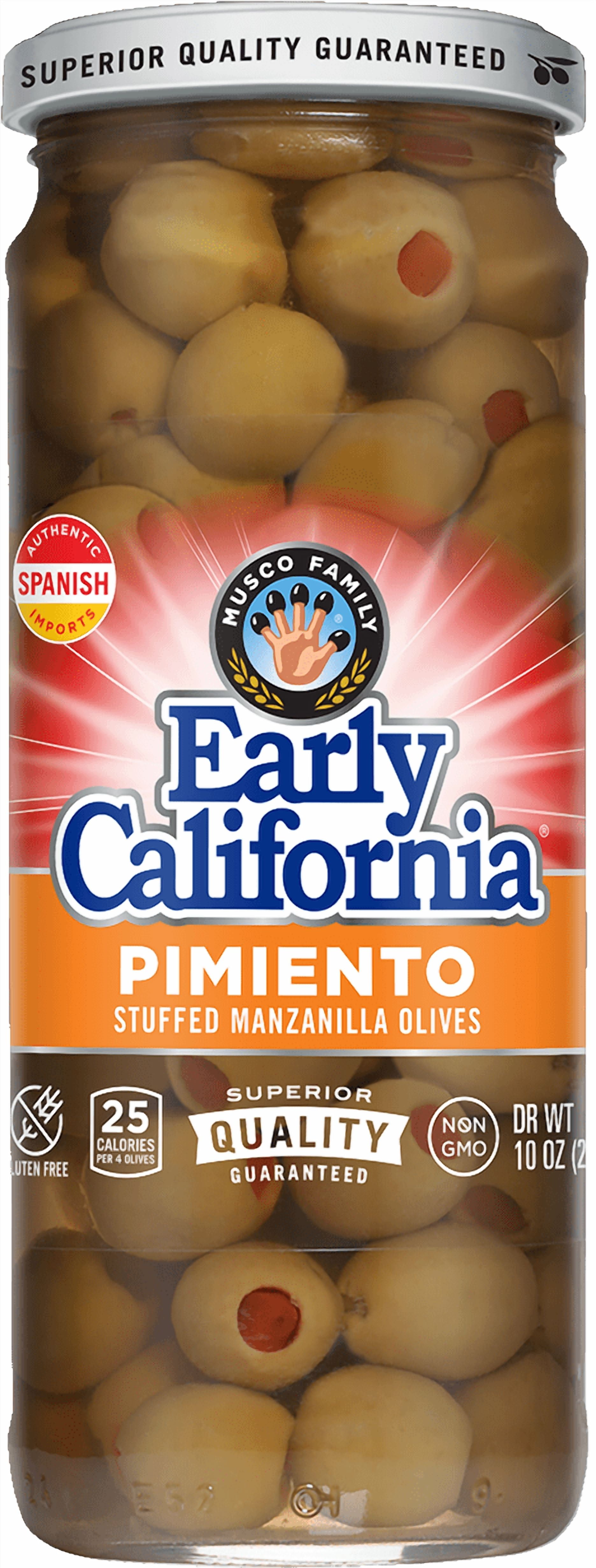 Early California Pimiento Stuffed Manzanilla Olives, 10 oz. Jar. Allergens Not Contained.