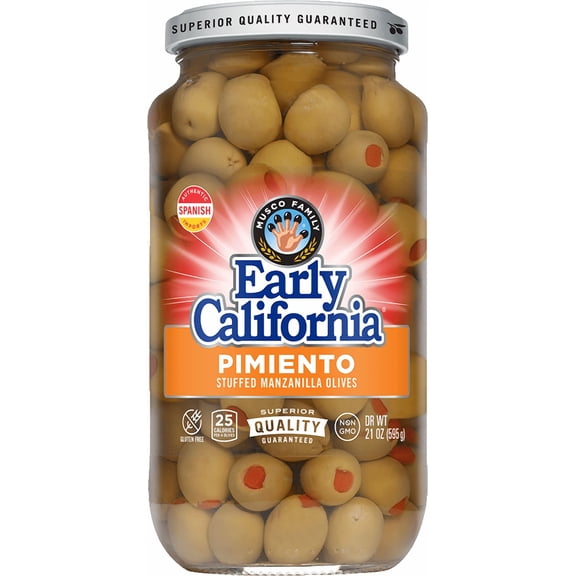 Early California Pimiento Stuffed Manzanilla Olives 21 oz. Jar. Major Allergens Not Contained.