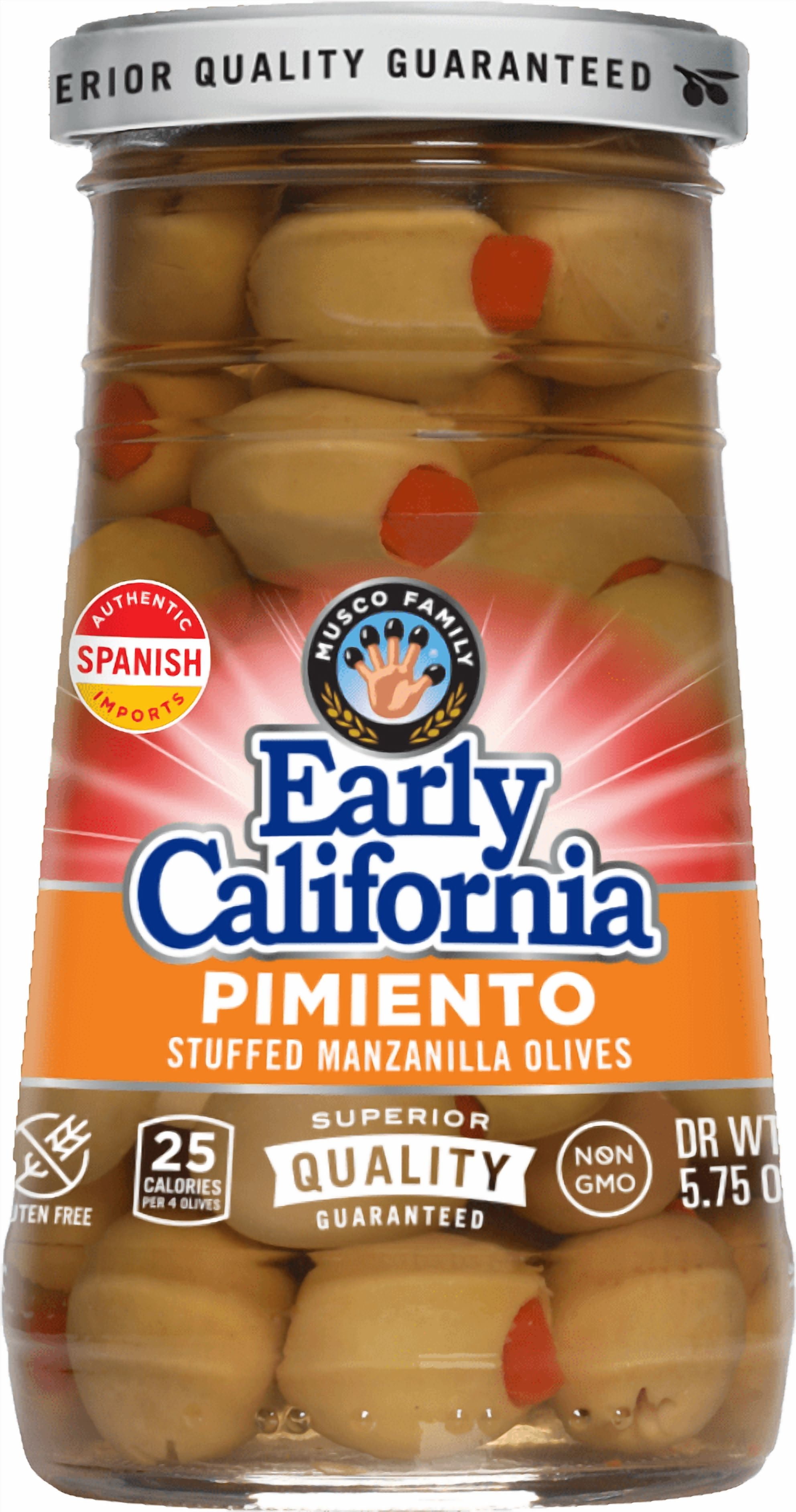Early California Pimiento Stuffed Manzanilla Olives, 5.75 oz Jar. Major Allergens Not Contained.