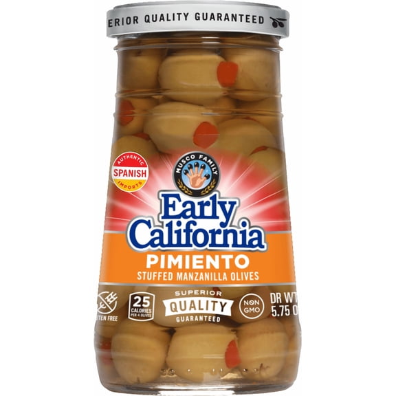 Early California Pimiento Stuffed Manzanilla Olives, 5.75 oz Jar. Major Allergens Not Contained.