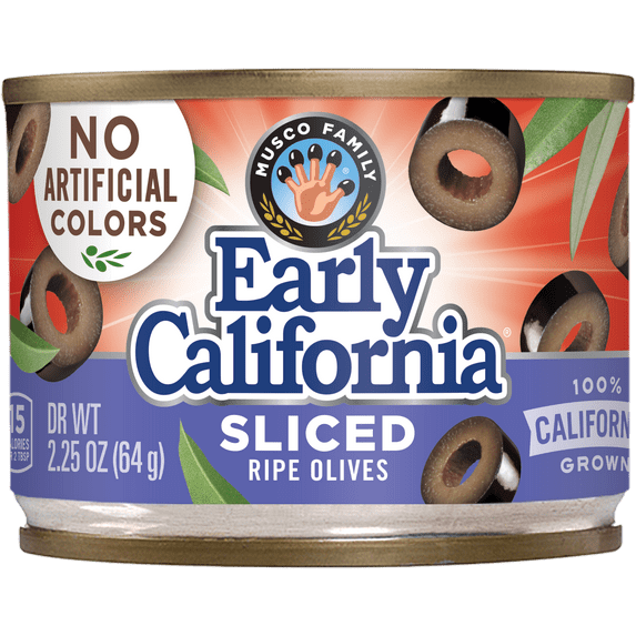 Early California Ripe Olives, Sliced, 2.25 oz Can. No Artificial Colors. Major Allergens Not Contained.