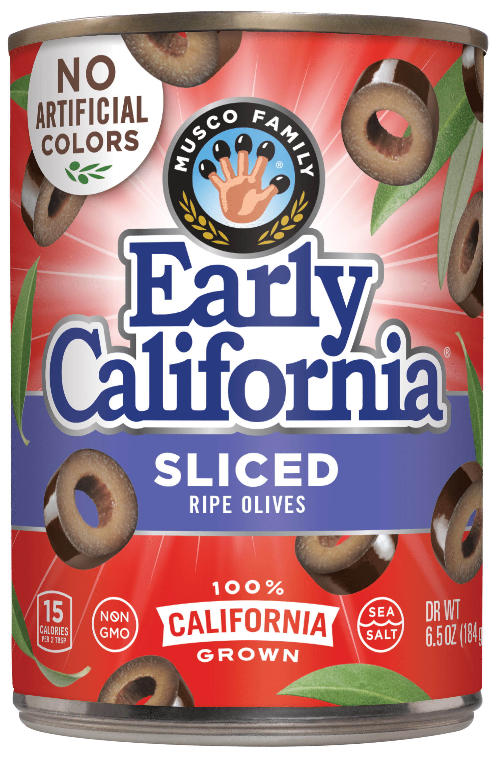Early California Ripe Olives, Sliced, 6.5 oz Can. No Artificial Colors. Major Allergens Not Contained. Gluten Free.