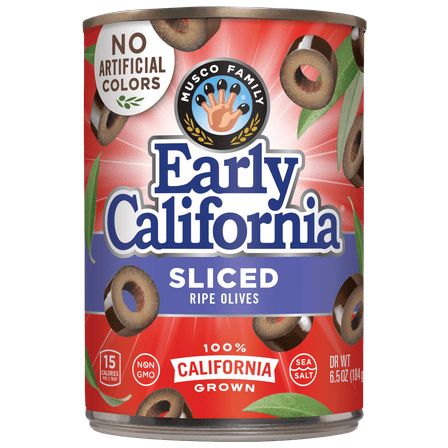 Early California Ripe Olives, Sliced, 6.5 oz Can. No Artificial Colors. Major Allergens Not Contained. Gluten Free.