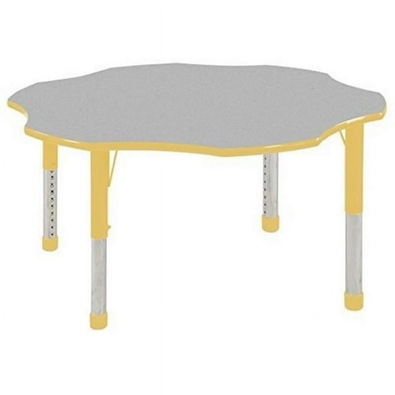 Early Childhood Resources ELR14102P6X14-GYEC 60 in. Flower Activity Table with Chunky Legs & 6 x 14 in. Stack Chairs, Ball Glides - Gray & Yellow