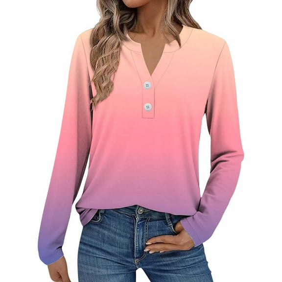 Early Fall Fashion, Yigetop Women Fashion Casual Long Sleeve Button Tops Shirts Blouses Tops Henley Shirts for Women Pink L