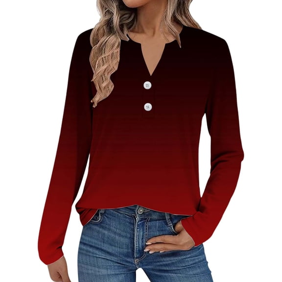 Early Fall Fashion, Yigetop Women Fashion Casual Long Sleeve Button Tops Shirts Blouses Tops Henley Shirts for Women Wine XL