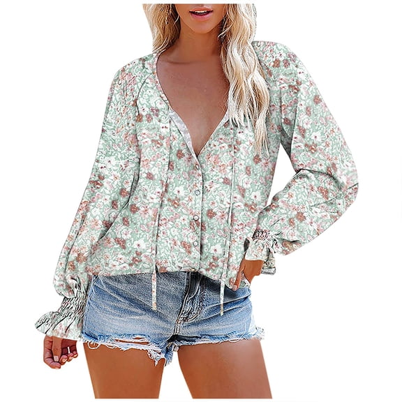 Zpanxa Fashion Women Print Casual Long Sleeve V-Neck Ruffles Button Shirt Tops Green S